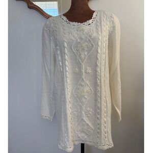 Koret Ivory Knit Sweater Tunic Top Crochet Embellished Cottagecore Womens Size S